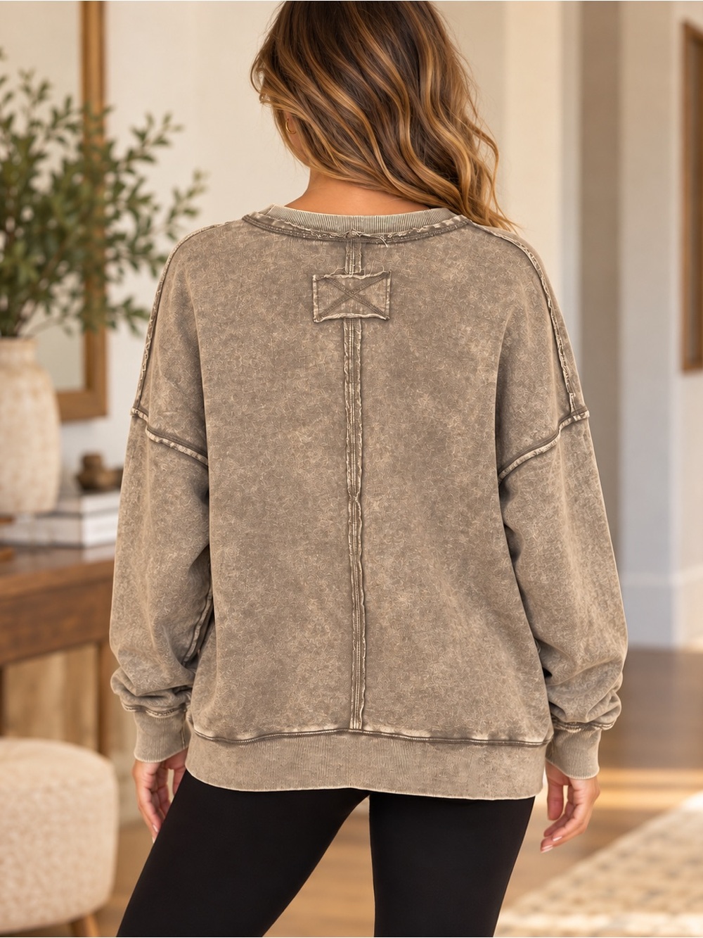 Zenana Mineral-Washed French Terry Pocket Sweatshirt – Mocha 🤎 - Picture 2 of 5